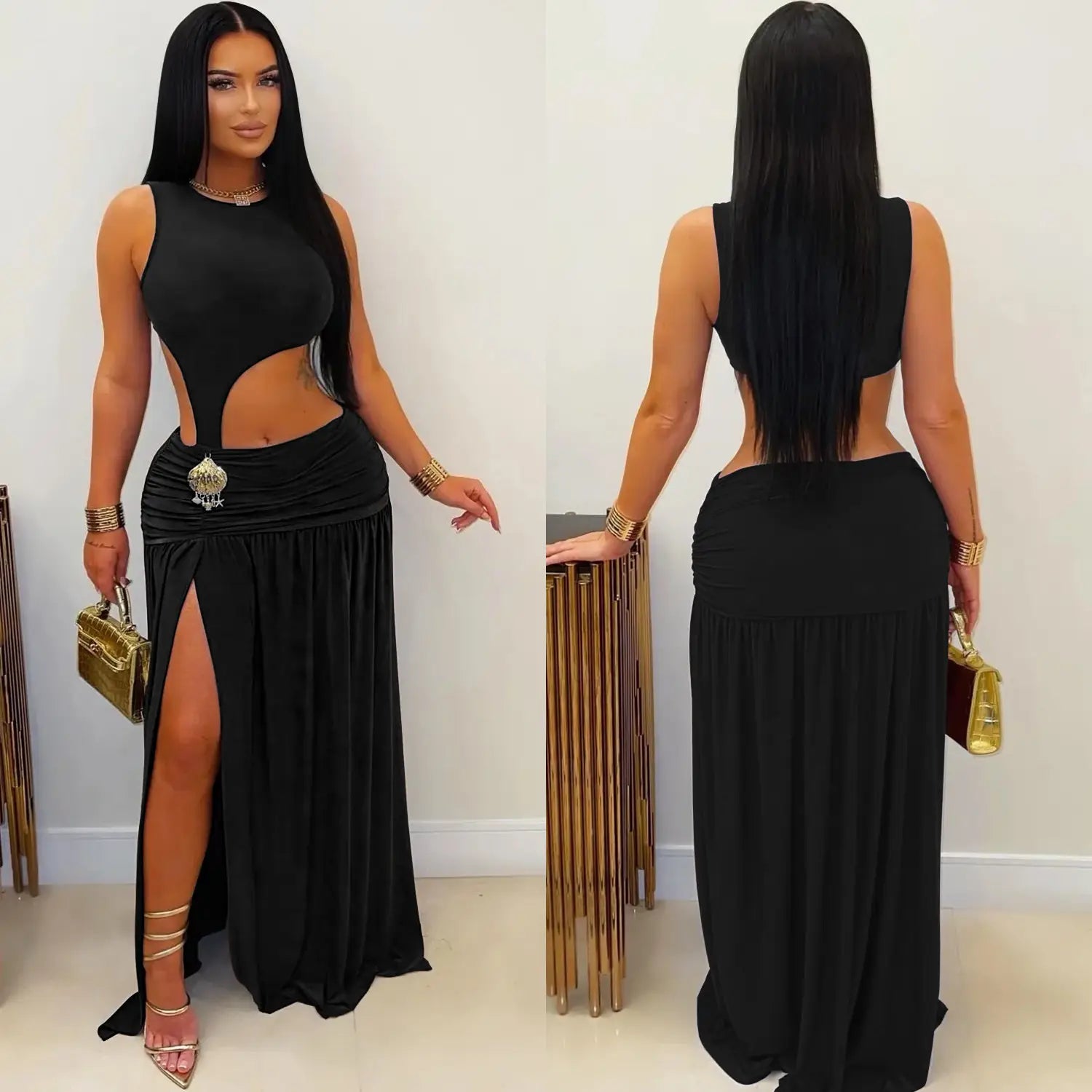 Fashion women’s sexy solid color sleeveless crop open fork dress