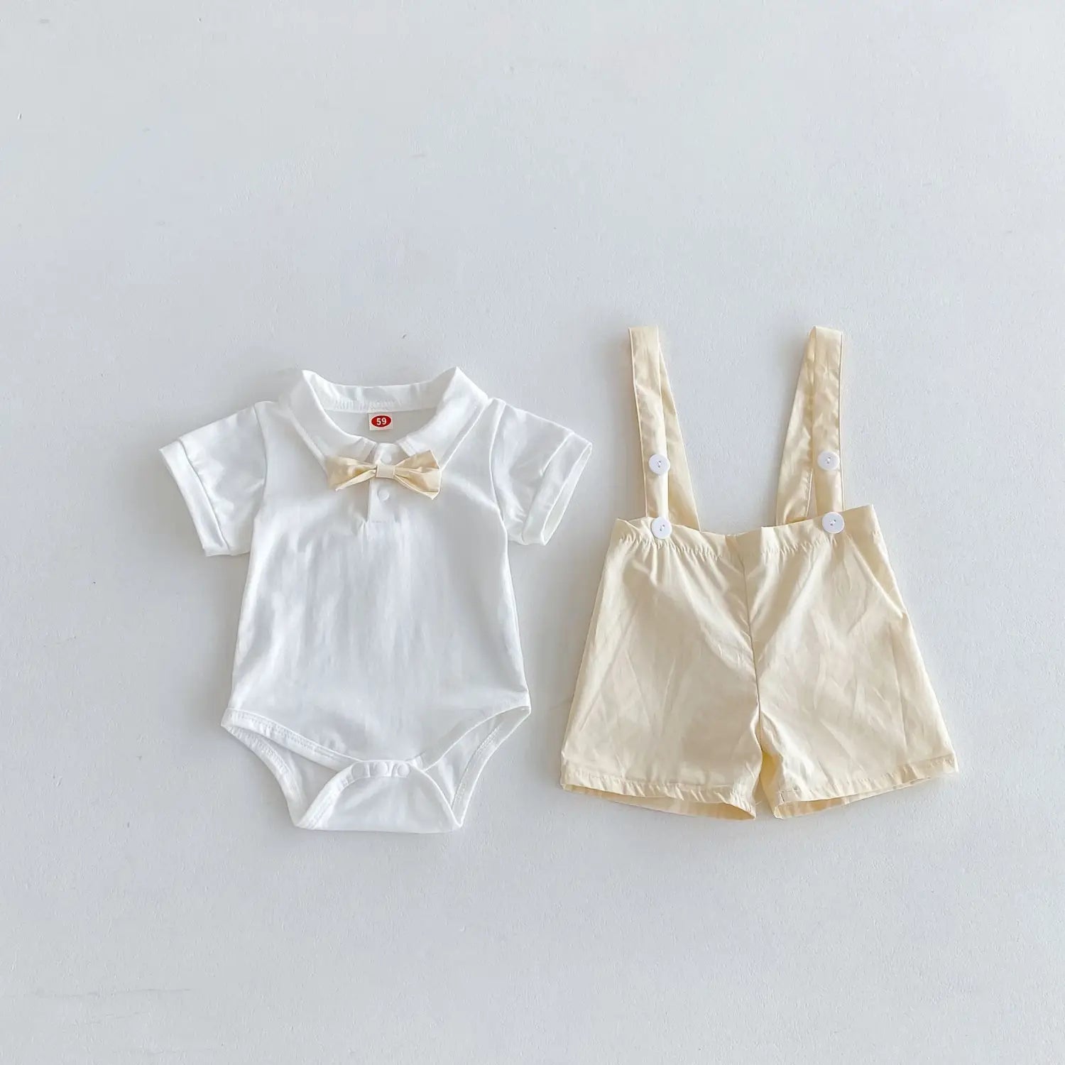 Summer baby hoodie tie suspender shorts two-piece set for gentlemen’s one month and one year old dress suspender pants