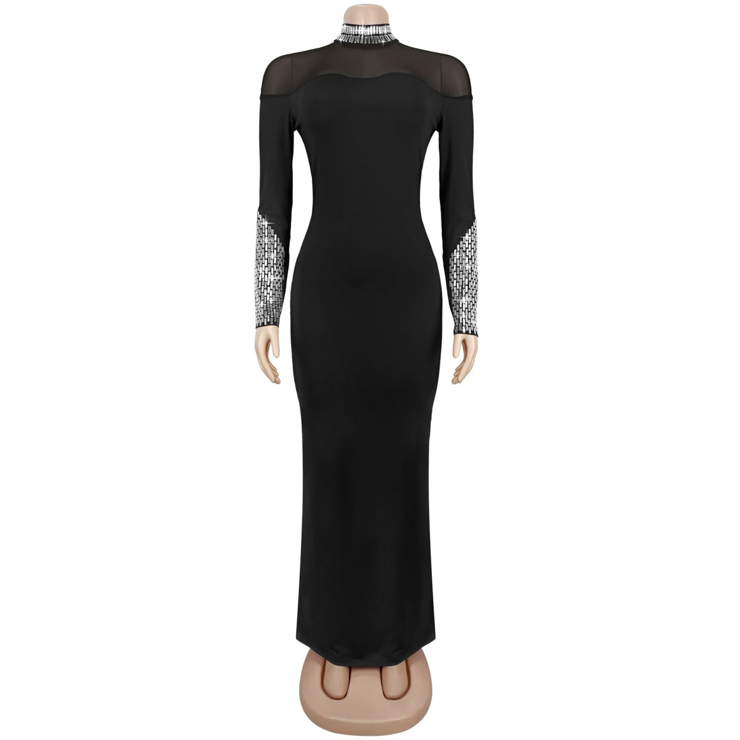 Elegant high neck long sleeve fitted sequined dress for women