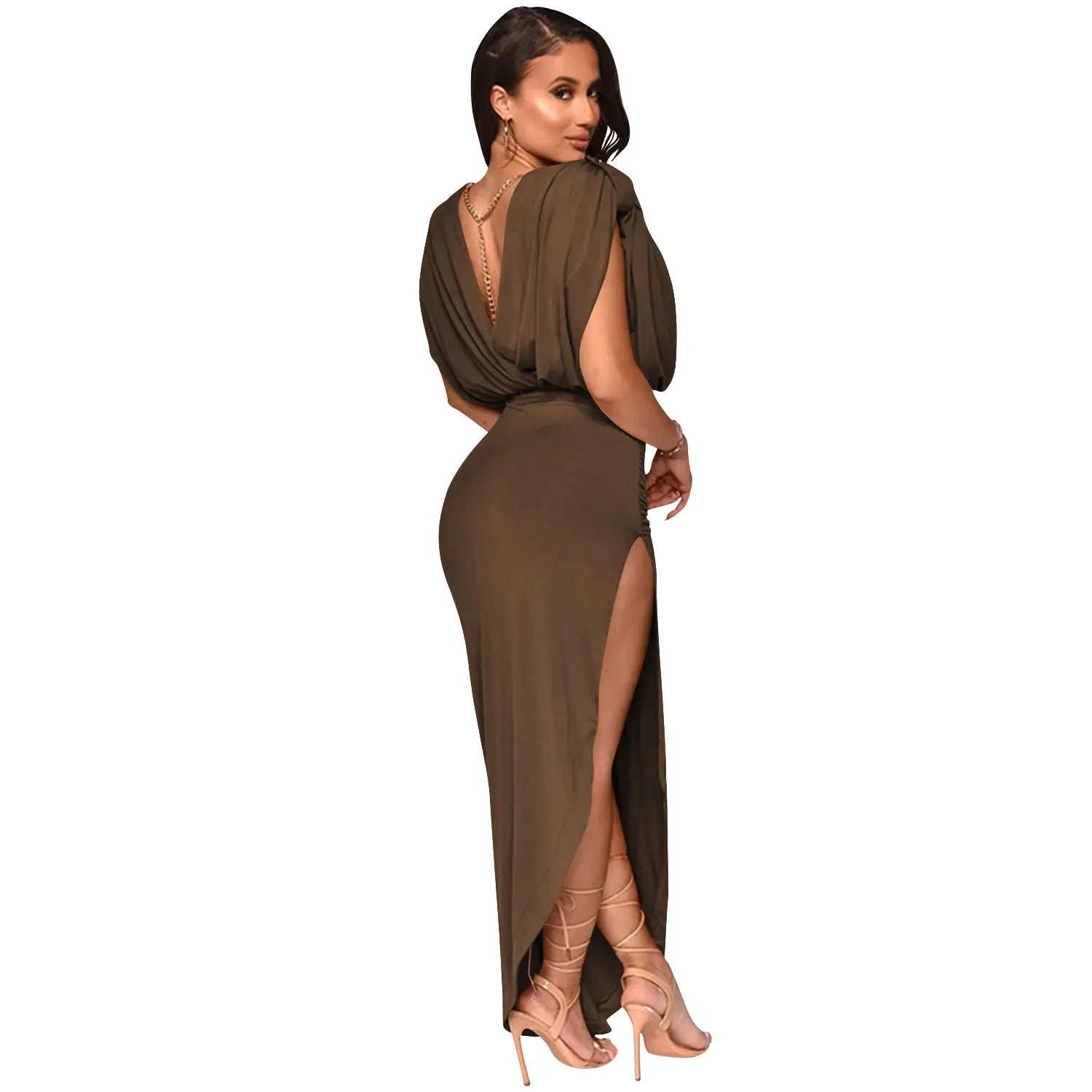 Fashion solid color women’s round neck sleeveless pleated asymmetrical slit long dress