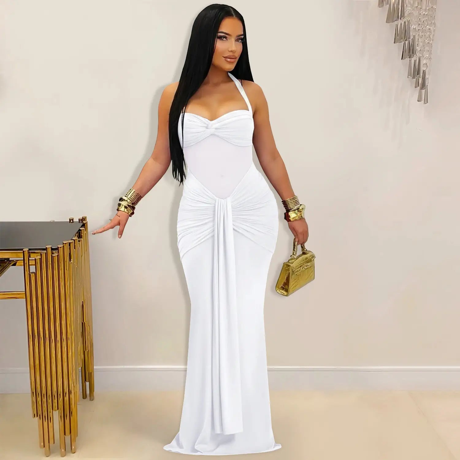 Fashion women’s sexy sheer mesh halter tie-back dress