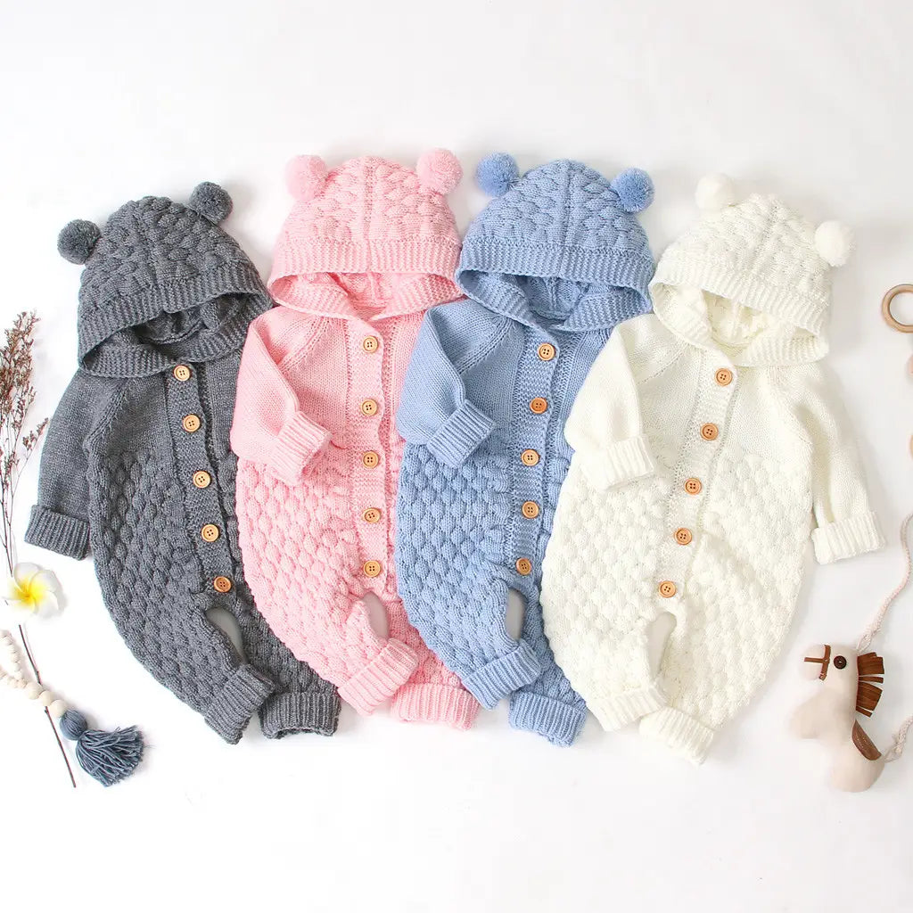 Children’s three-dimensional fur ball hooded solid color knitted jumpsuit