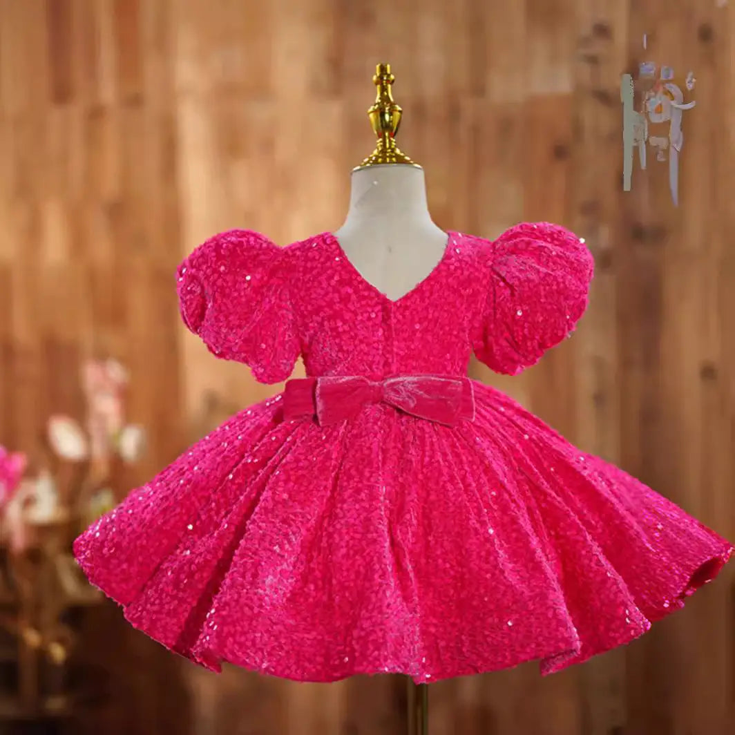Rose red girls’ dress birthday party princess runway piano performance costume flower girl short skirt
