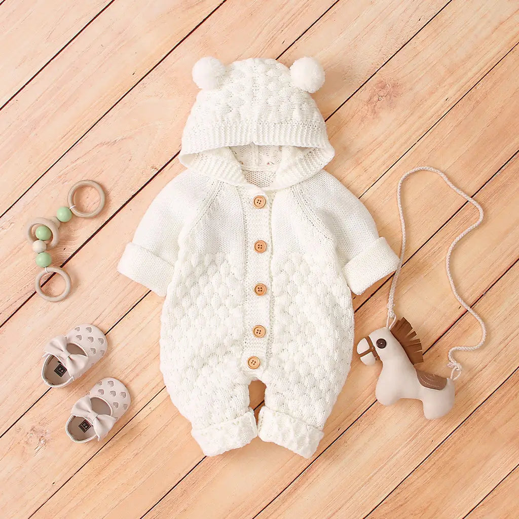 Children’s three-dimensional fur ball hooded solid color knitted jumpsuit