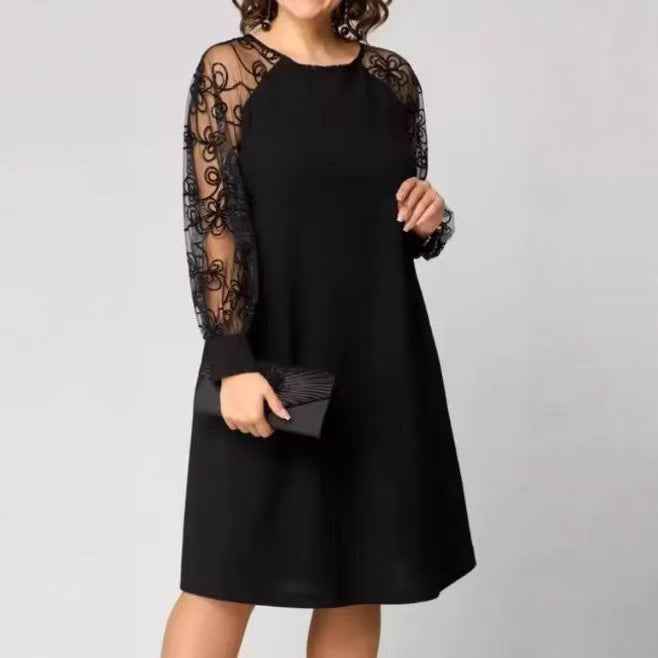 Elegant  Style Patchwork Lace Long Sleeve Round Neck Dress
