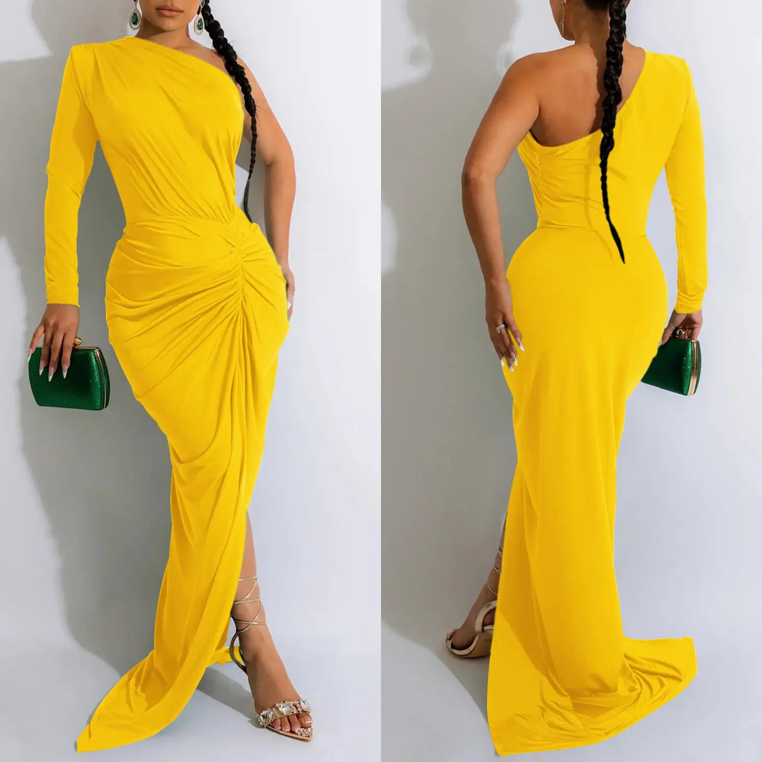 Fashion women’s solid color asymmetrical neck single long sleeve long dress with pleats