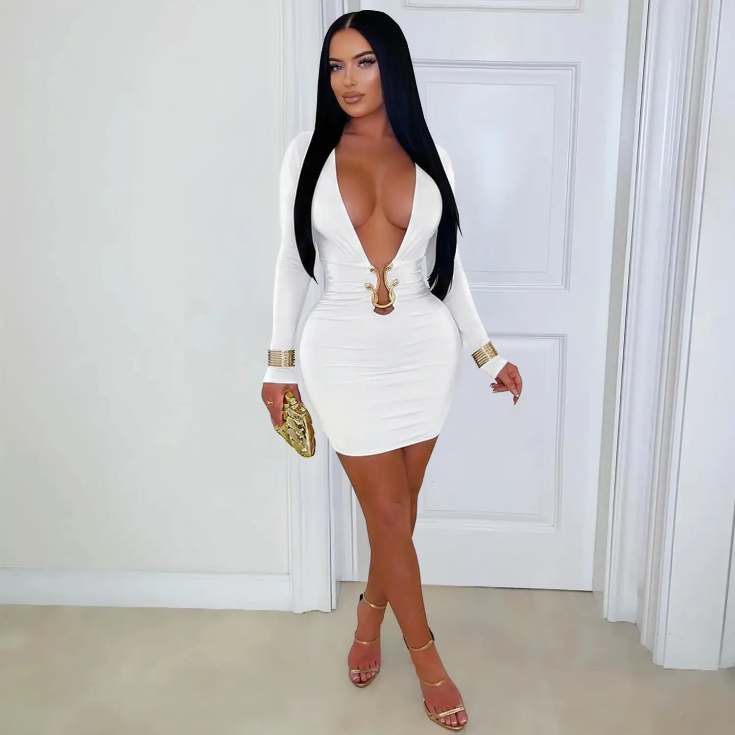 Fashionable women’s sexy deep v-neck bodycon dress with snake pattern accessories