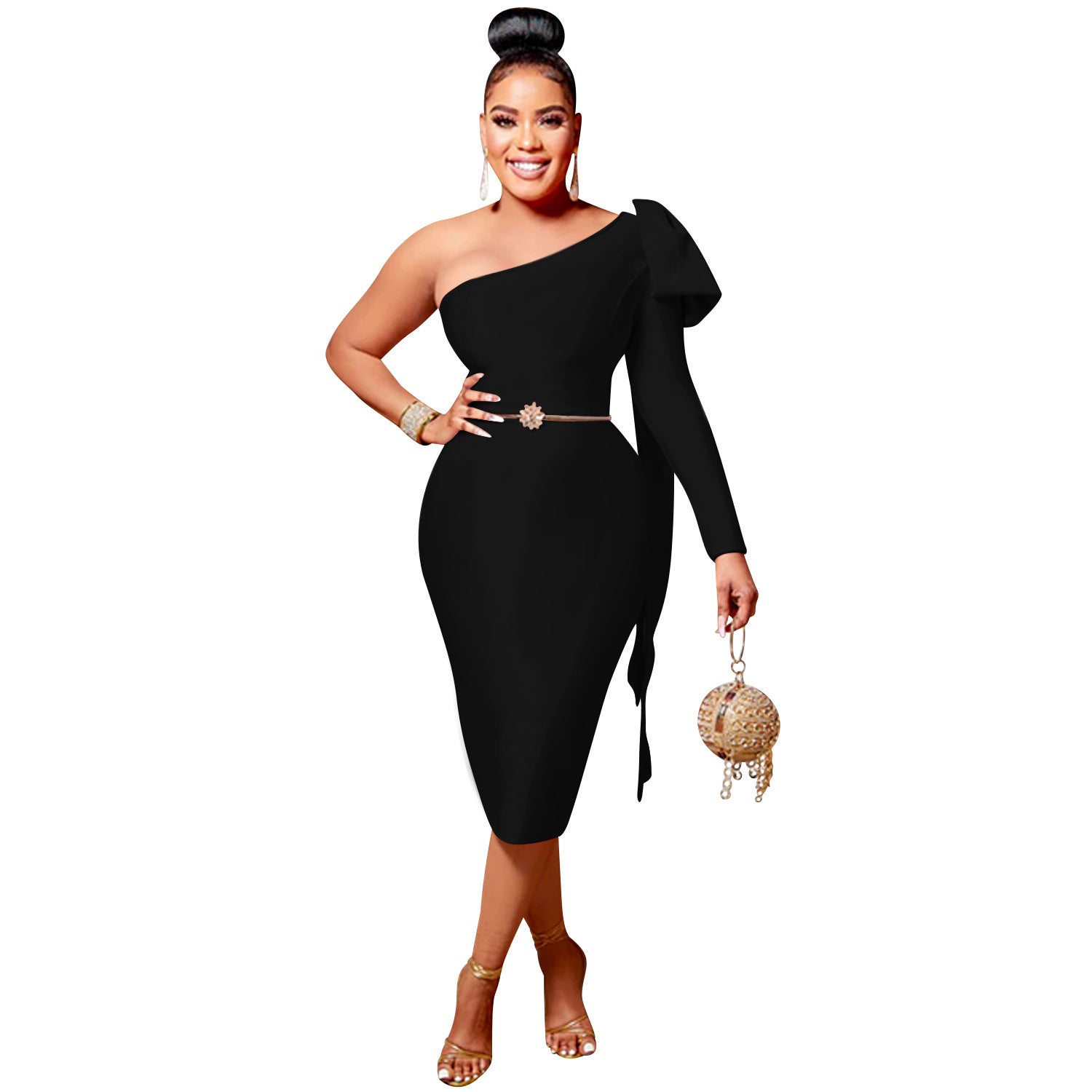 Chic Women's Single Long Sleeve Dress with Asymmetrical Neckline and Bow Ribbon Detail