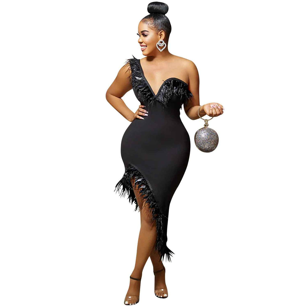 Elegant Solid Color V-Neck Sleeveless Wrap Dress with Feathered Irregular Hem Mid-Length Dress