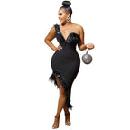 Elegant Solid Color V-Neck Sleeveless Wrap Dress with Feathered Irregular Hem Mid-Length Dress