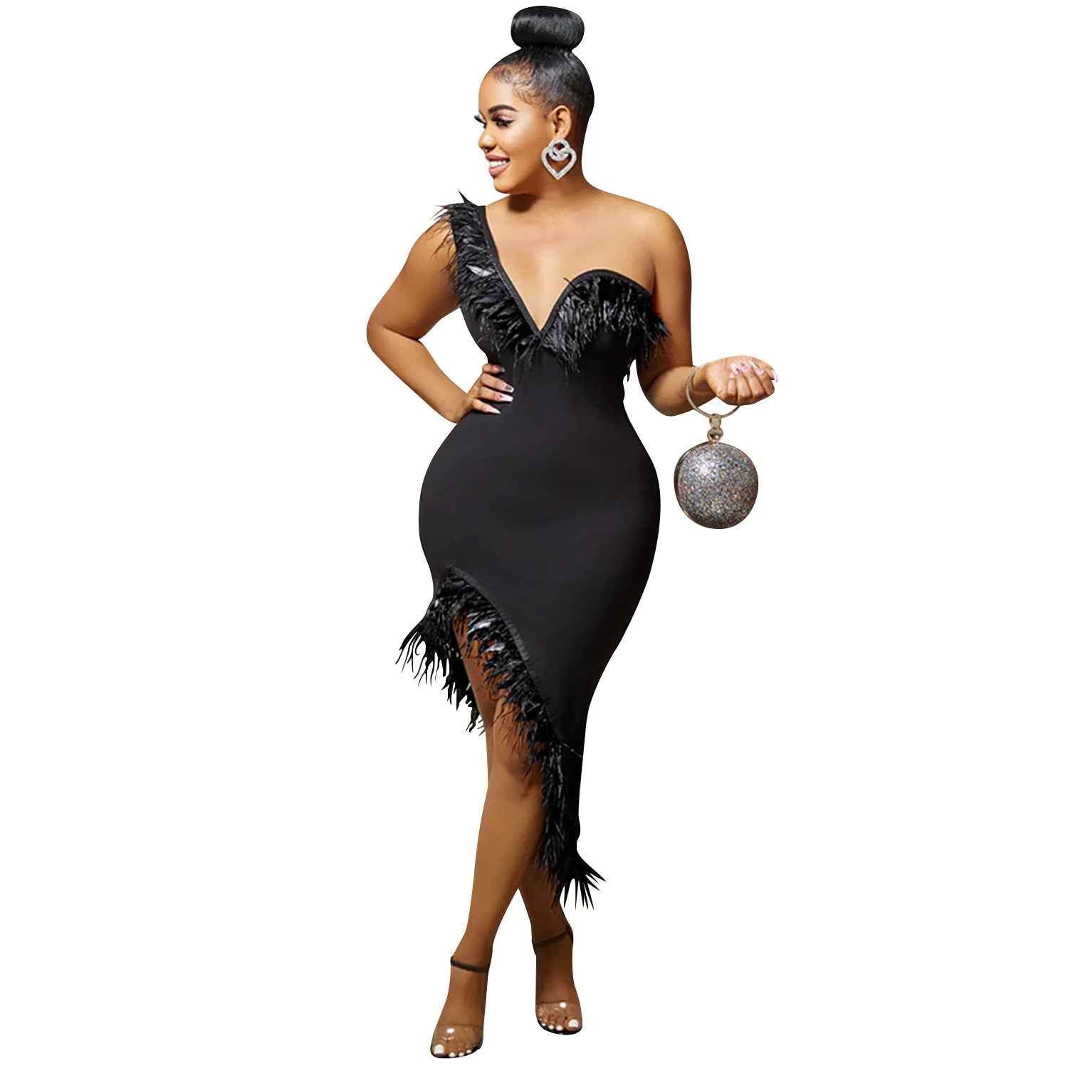 Elegant Solid Color V-Neck Sleeveless Wrap Dress with Feathered Irregular Hem Mid-Length Dress