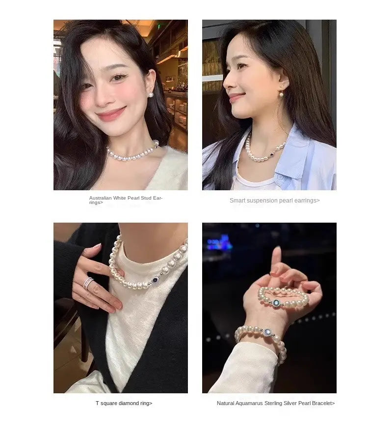 Natural mother-of-pearl pearl necklace silver blue gem clasp high luster premium quality pearl australian white necklace