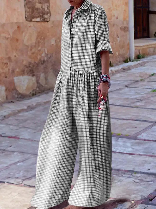Fashion style plaid shirt collar long sleeve jumpsuit