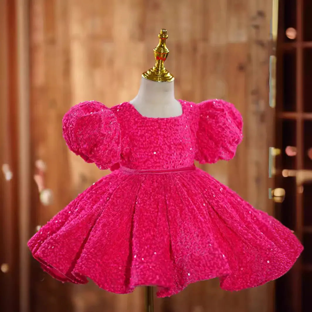 Rose red girls’ dress birthday party princess runway piano performance costume flower girl short skirt