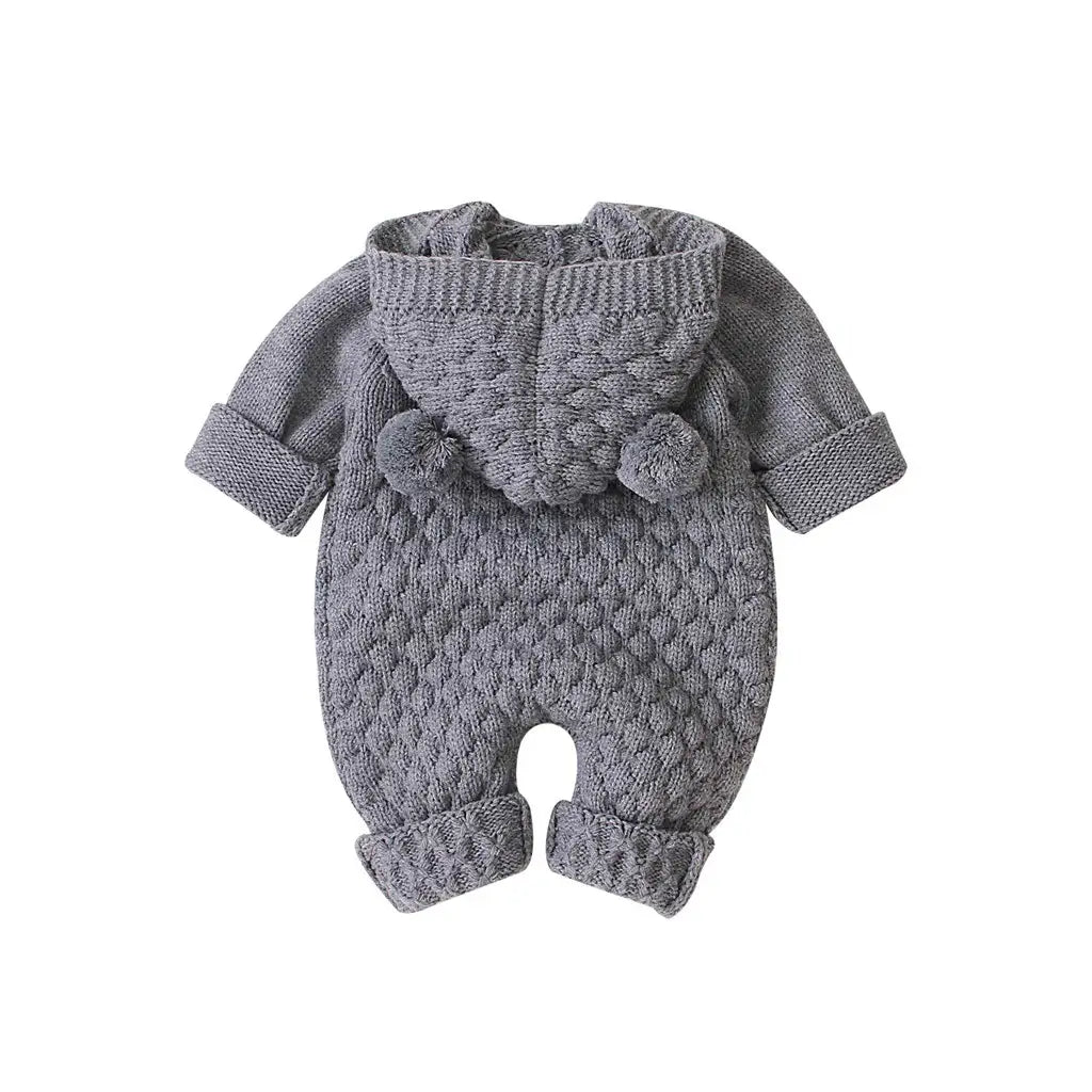 Children’s three-dimensional fur ball hooded solid color knitted jumpsuit