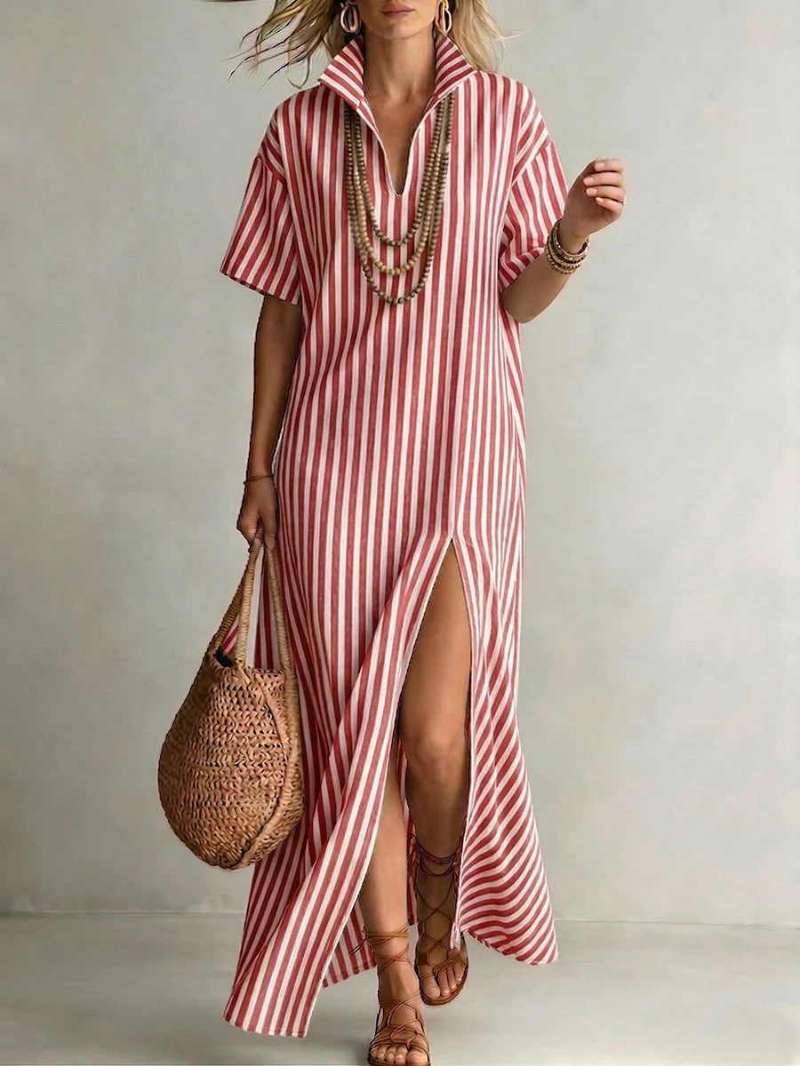 V-neck short sleeved striped split cotton linen dress