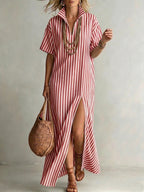 V-neck short sleeved striped split cotton linen dress