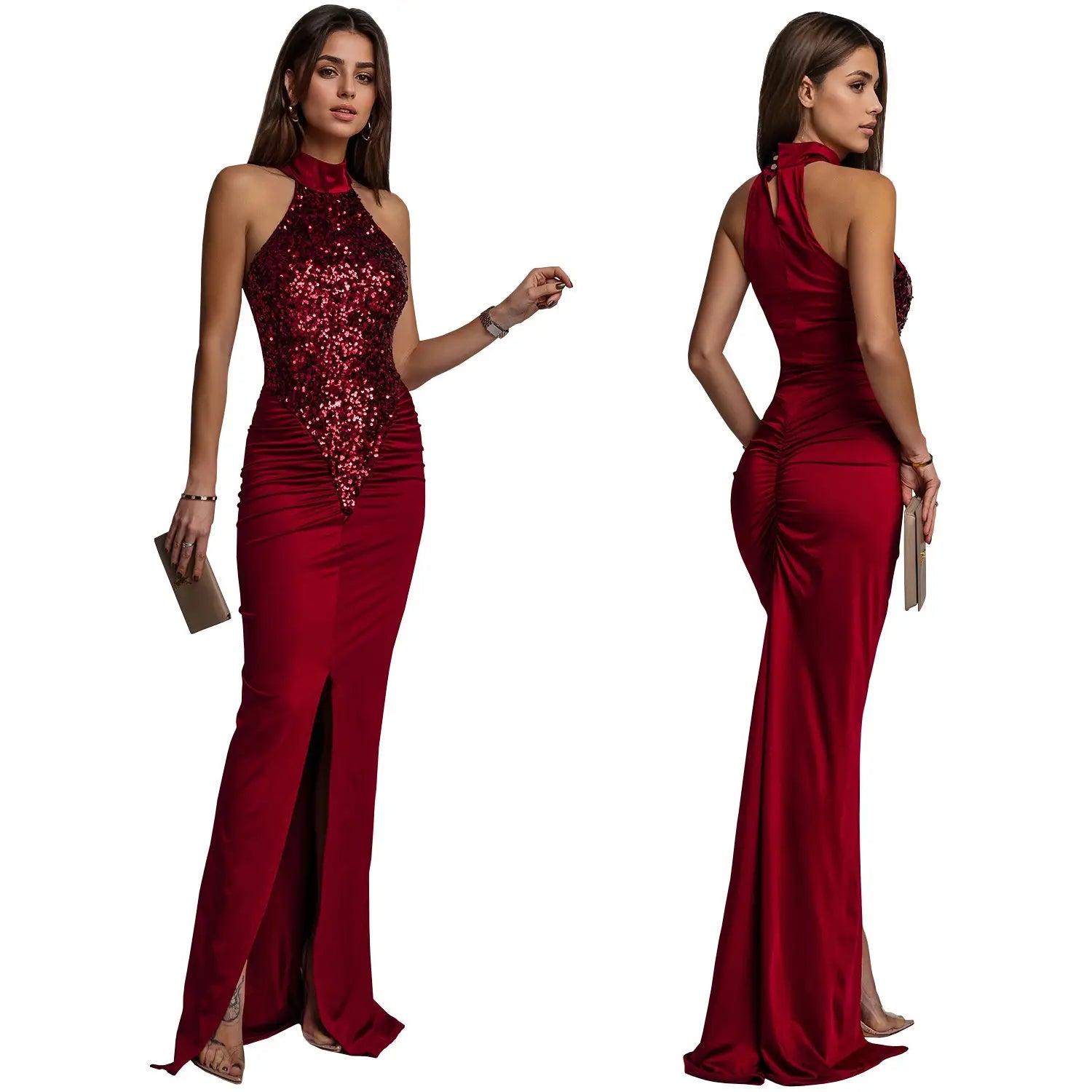 Fashion women’s sexy fitted sequin velvet split dress