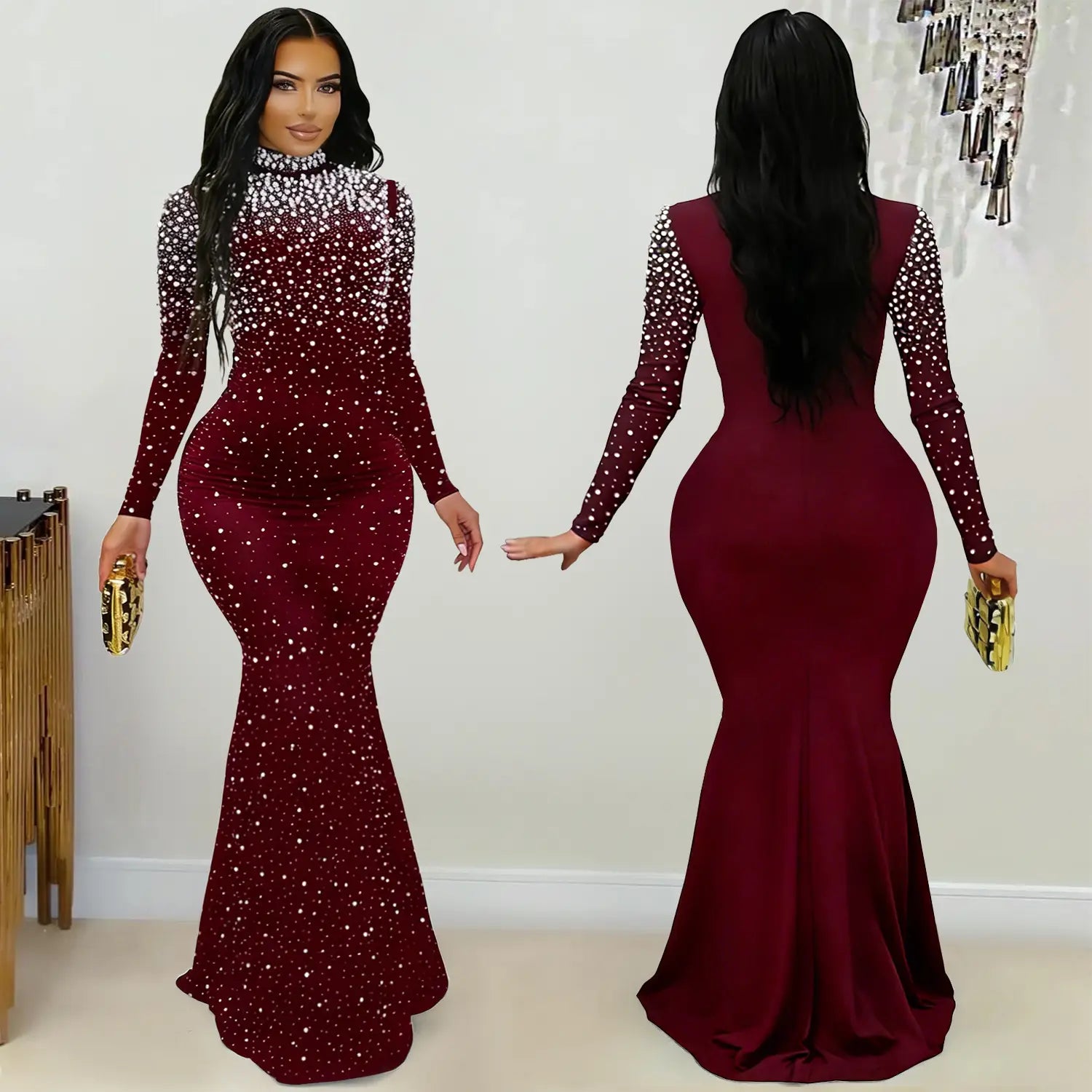 Elegant high neck rhinestone beaded bodycon dress for women fashion