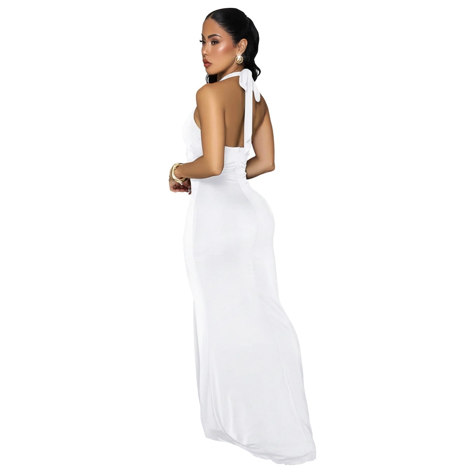 Fashion women’s sexy backless halter deep v neck solid color dress