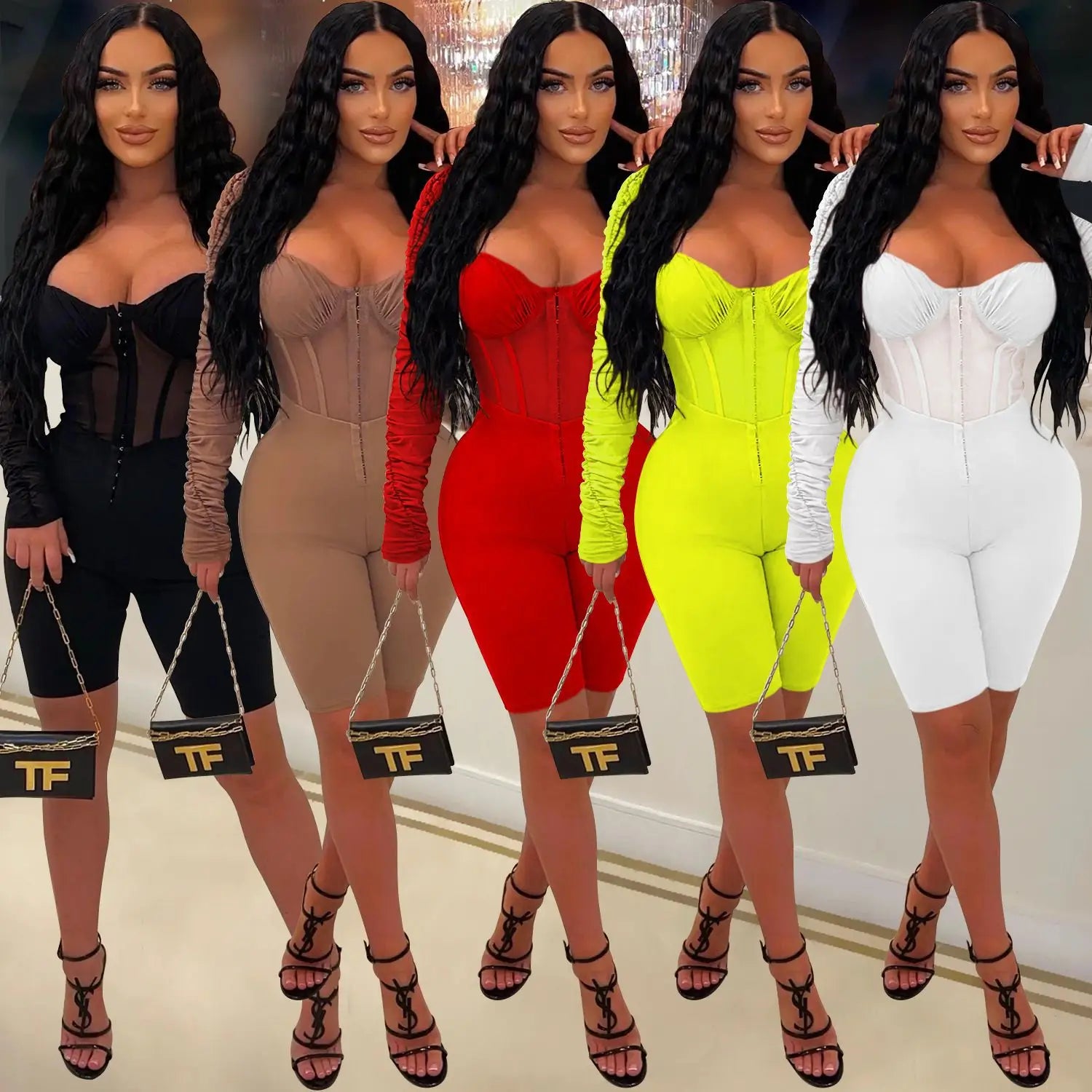 Fashion women’s solid color long sleeve short pants mesh sheer jumpsuit