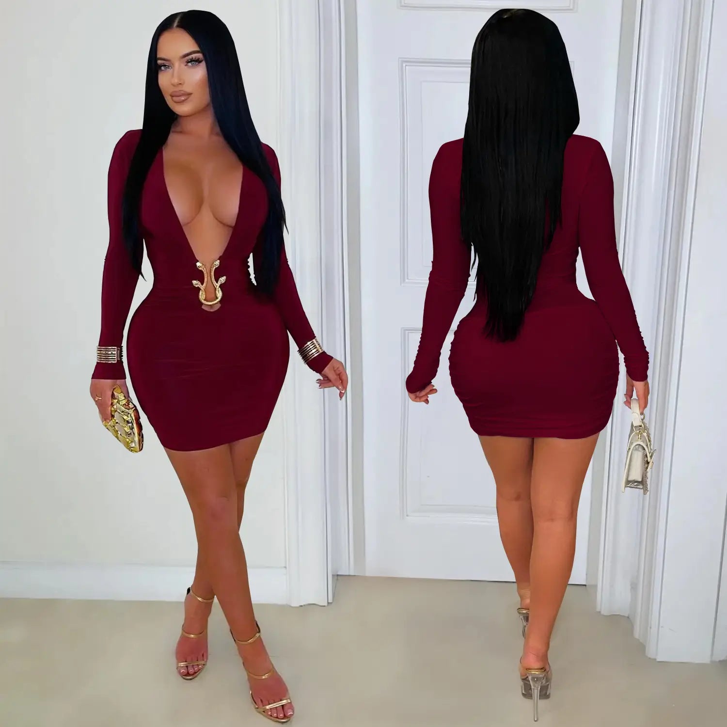 Fashionable women’s sexy deep v-neck bodycon dress with snake pattern accessories
