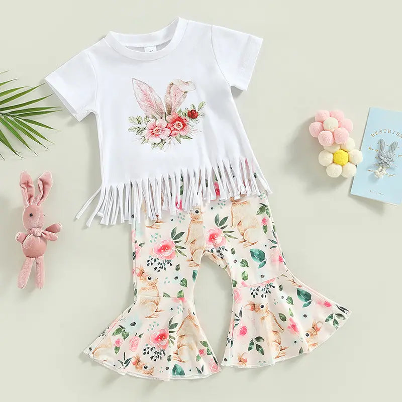 Girls summer european and american short sleeve tassel t shirt rabbit flower flare pants set girls set two piece set
