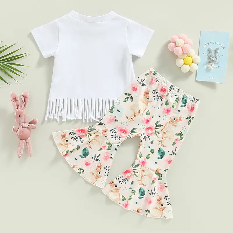 Girls summer european and american short sleeve tassel t shirt rabbit flower flare pants set girls set two piece set