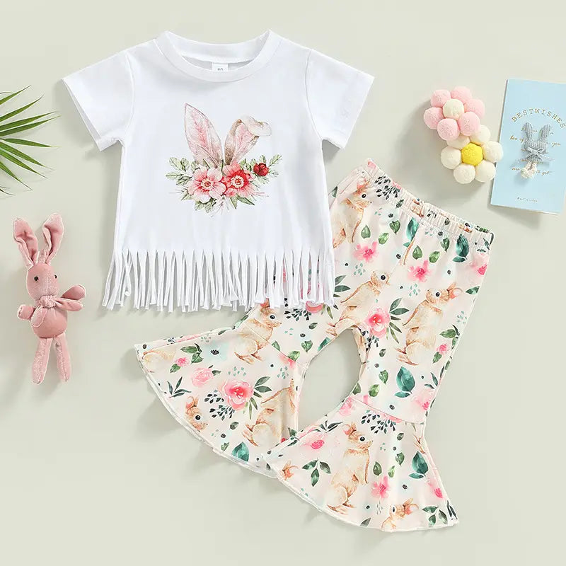Girls summer european and american short sleeve tassel t shirt rabbit flower flare pants set girls set two piece set