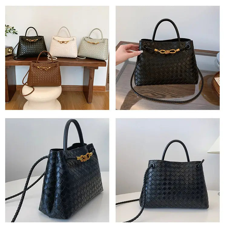 Metal rope buckle woven shoulder bag fashionable versatile retro commuter bag for women.