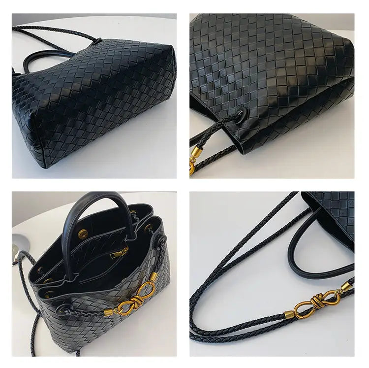 Metal rope buckle woven shoulder bag fashionable versatile retro commuter bag for women.