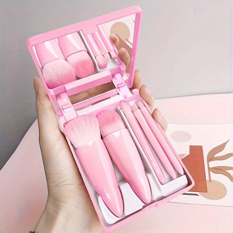 Travel-Ready: 5Pcs Portable Makeup Brush Set with Mirror