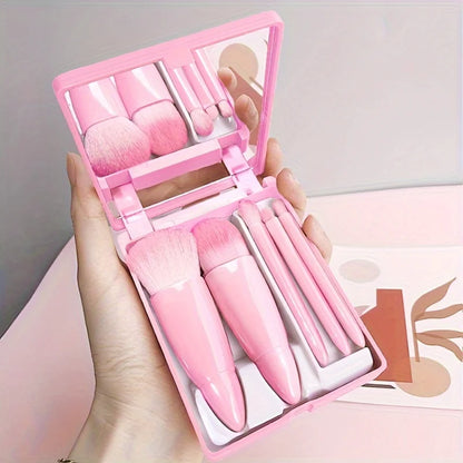 Travel-Ready: 5Pcs Portable Makeup Brush Set with Mirror