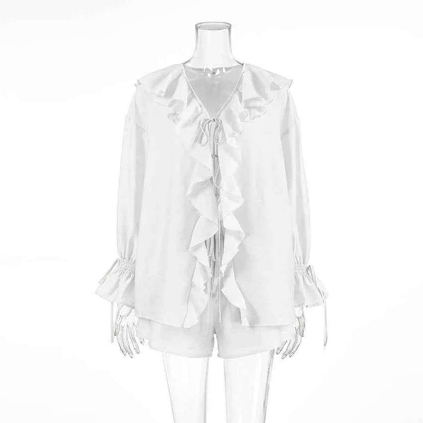 Tornova Women's Ruffled Spring Shorts & V-Neck Set