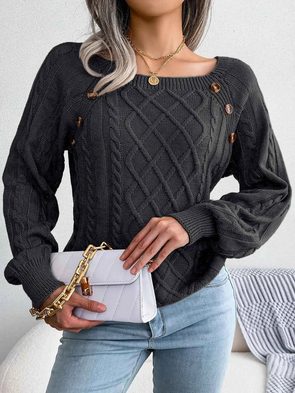 Chic Square Collar Knitted Pullover for Autumn & Winter