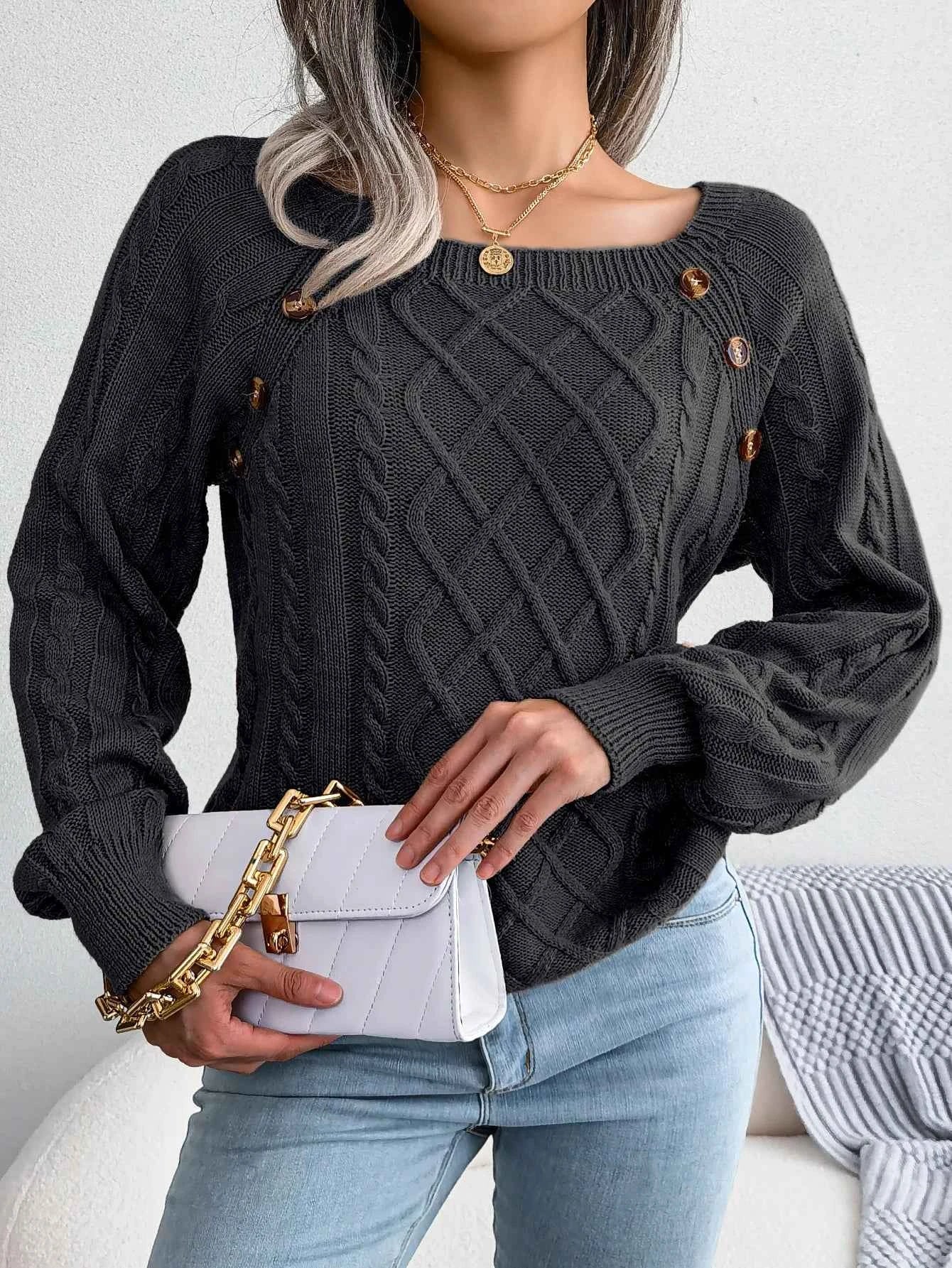 Chic Square Collar Knitted Pullover for Autumn & Winter