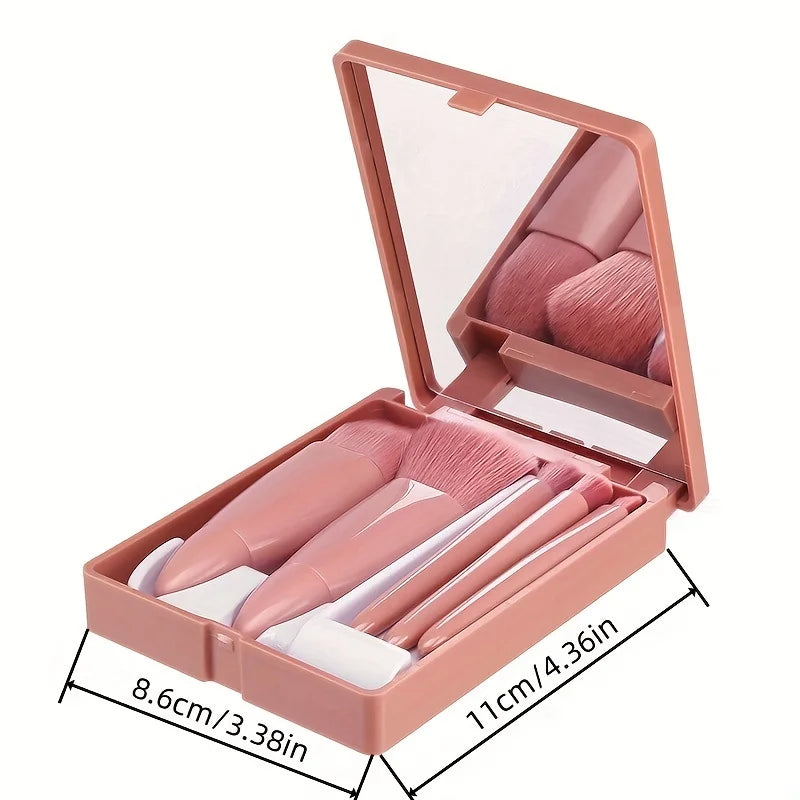 Travel-Ready: 5Pcs Portable Makeup Brush Set with Mirror
