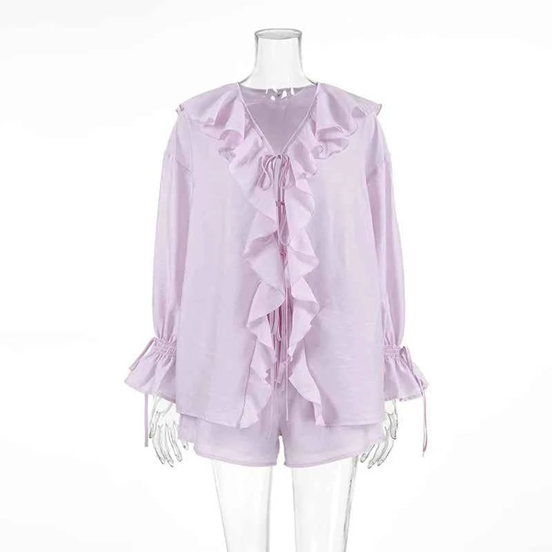 Tornova Women's Ruffled Spring Shorts & V-Neck Set