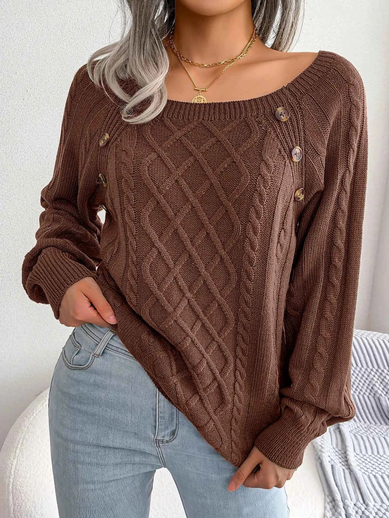 Chic Square Collar Knitted Pullover for Autumn & Winter