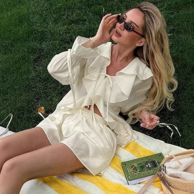 Tornova Women's Ruffled Spring Shorts & V-Neck Set