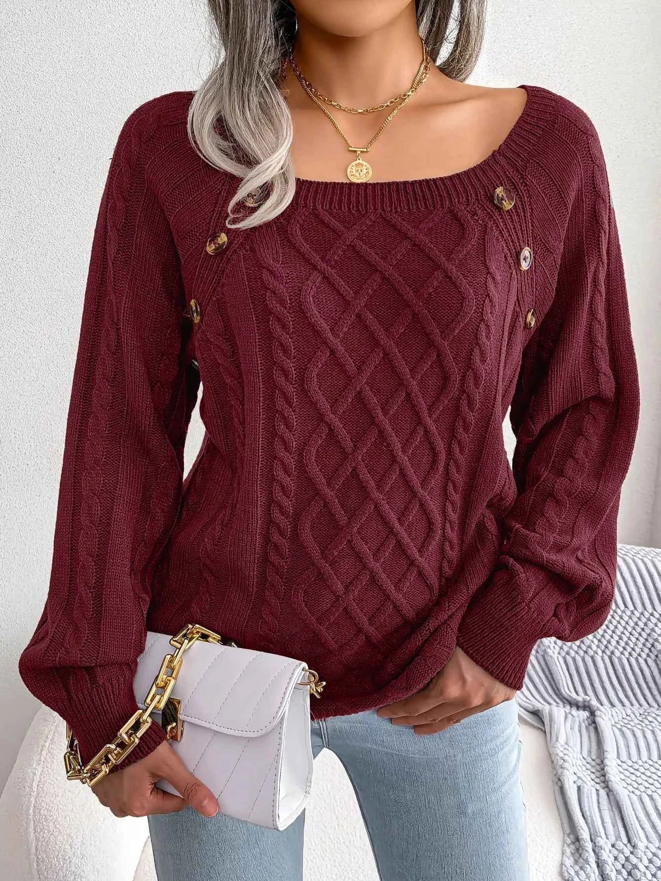 Chic Square Collar Knitted Pullover for Autumn & Winter