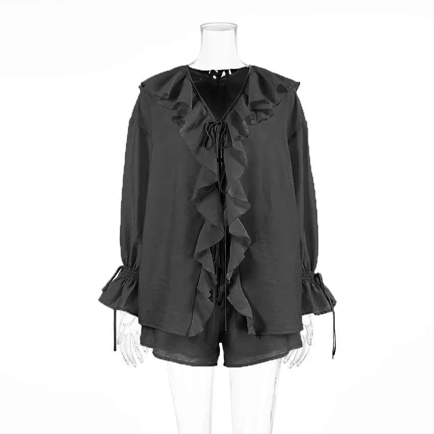 Tornova Women's Ruffled Spring Shorts & V-Neck Set