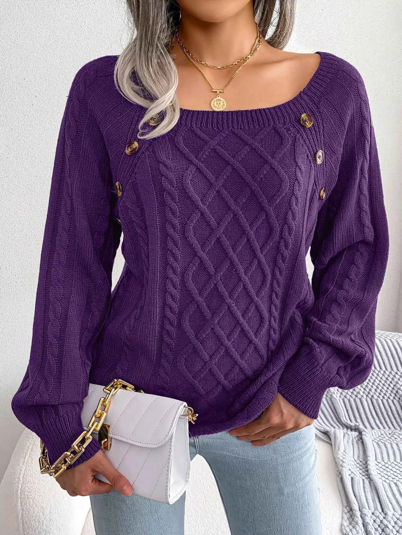 Chic Square Collar Knitted Pullover for Autumn & Winter