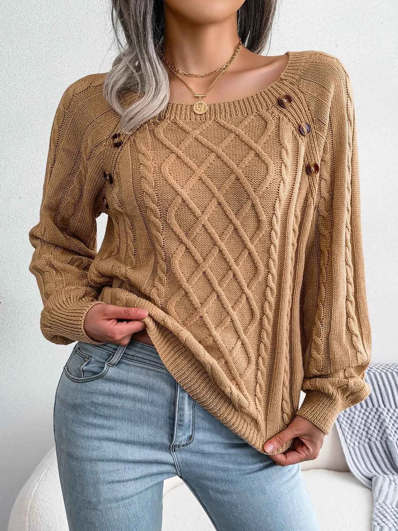 Chic Square Collar Knitted Pullover for Autumn & Winter