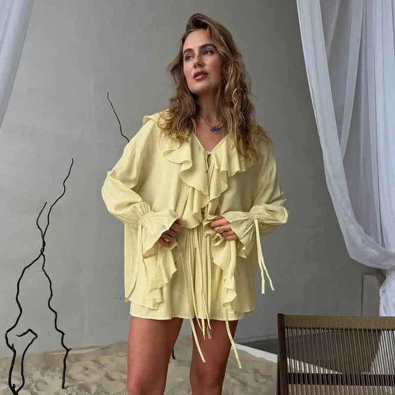 Tornova Women's Ruffled Spring Shorts & V-Neck Set