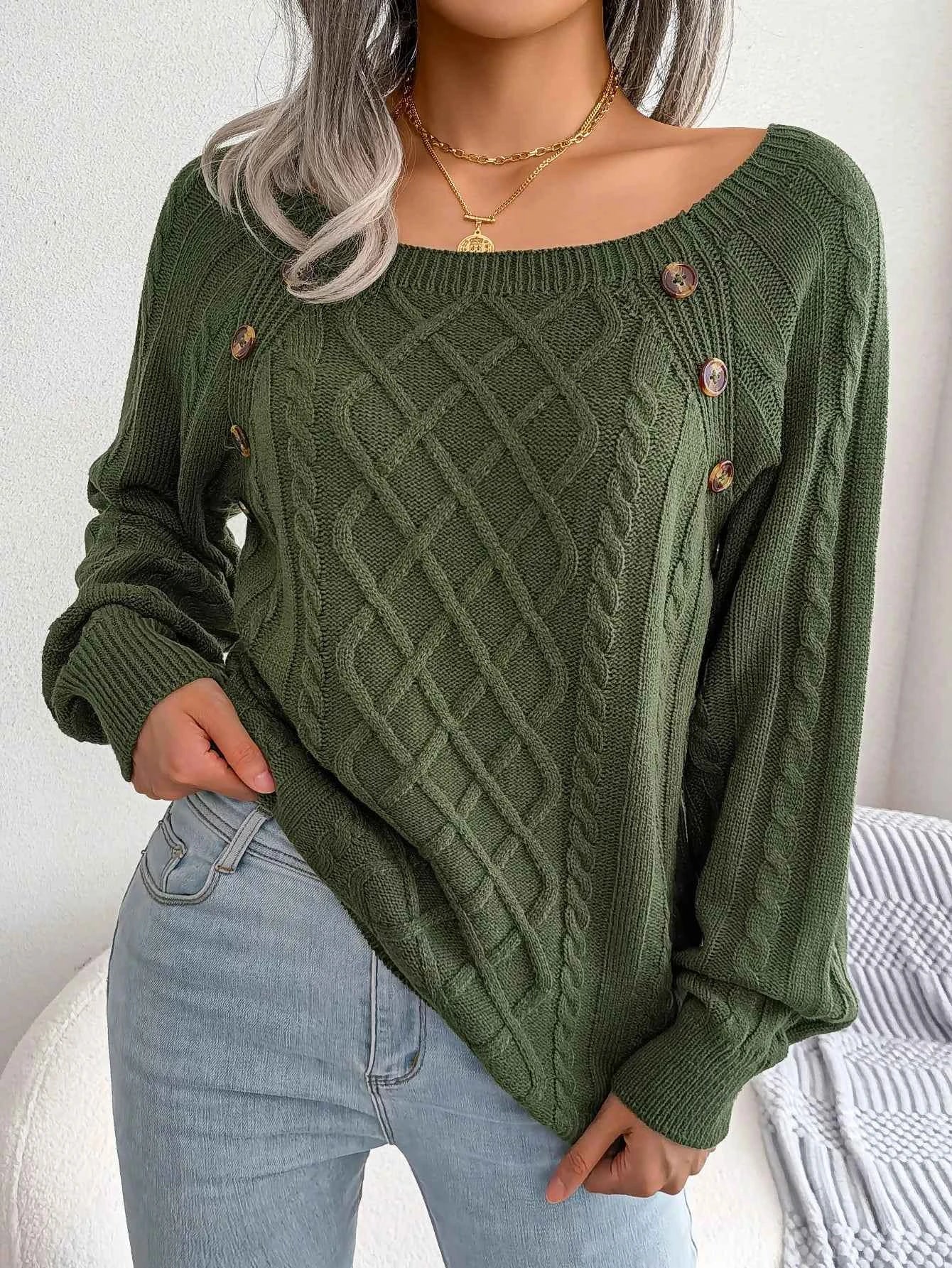 Chic Square Collar Knitted Pullover for Autumn & Winter