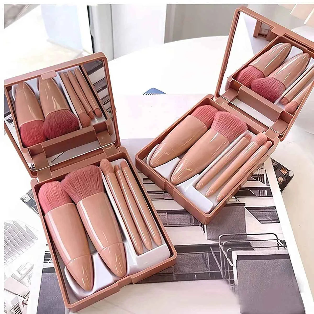 Travel-Ready: 5Pcs Portable Makeup Brush Set with Mirror