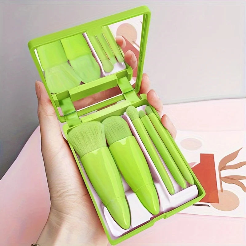 Travel-Ready: 5Pcs Portable Makeup Brush Set with Mirror