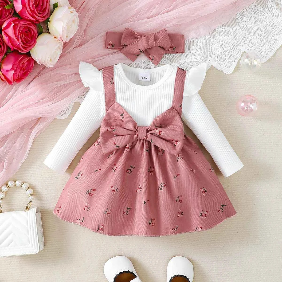 Floral Big Bow Dress Set for Infants 0-24 Months