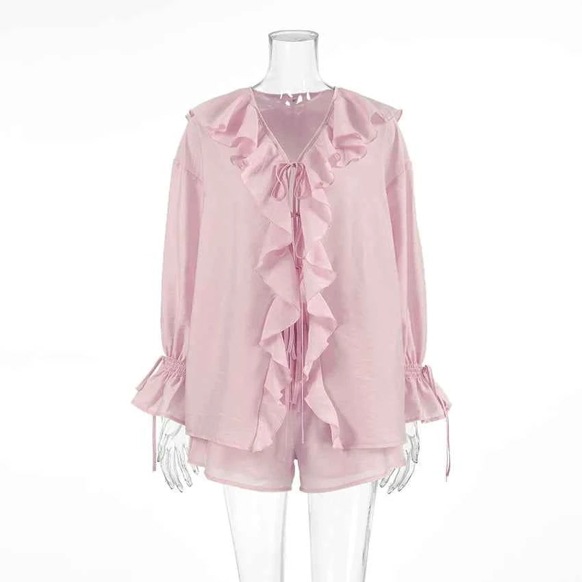 Tornova Women's Ruffled Spring Shorts & V-Neck Set